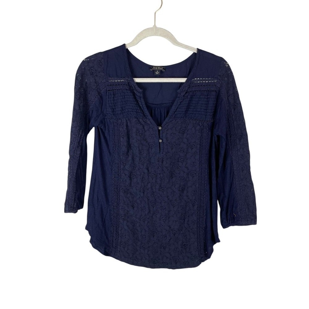 Lucky Brand Navy Blue Eyelet Pintuck Boho Blouse Top Size Small